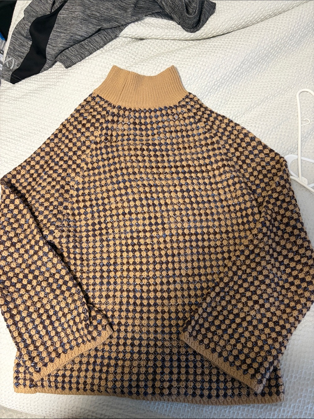 Textured Cowl-Neck Sweater in Camel and Navy